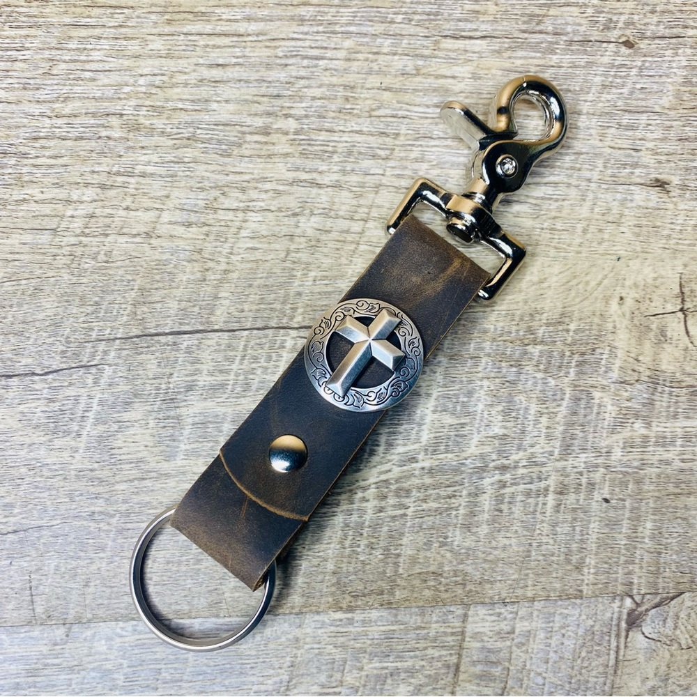 Trigger snap keychain rustic brown leather silver tone cross w circle